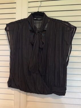 Zara Black Sheer Pleated Tie-Neck Blouse with Subtle Lurex